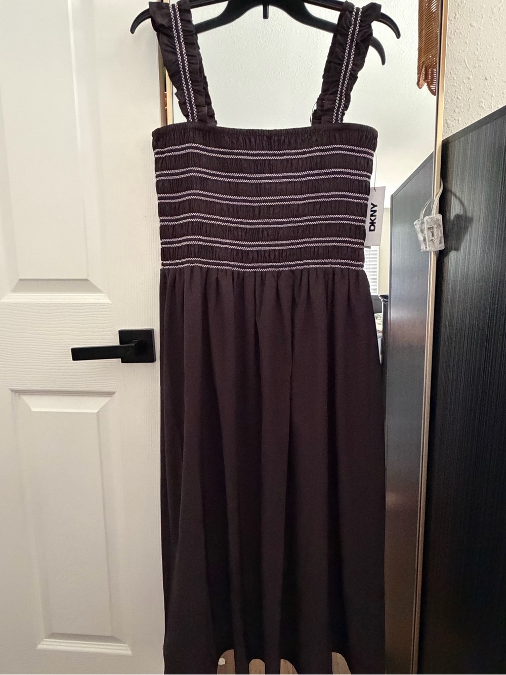DKNY Black Strapless Smocked Sundress with White Trim
